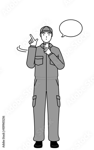 A mechanic in coveralls operating a smartphone.