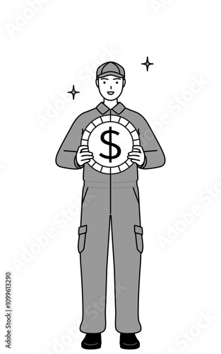 A mechanic in coveralls with images of foreign exchange gains and dollar appreciation.