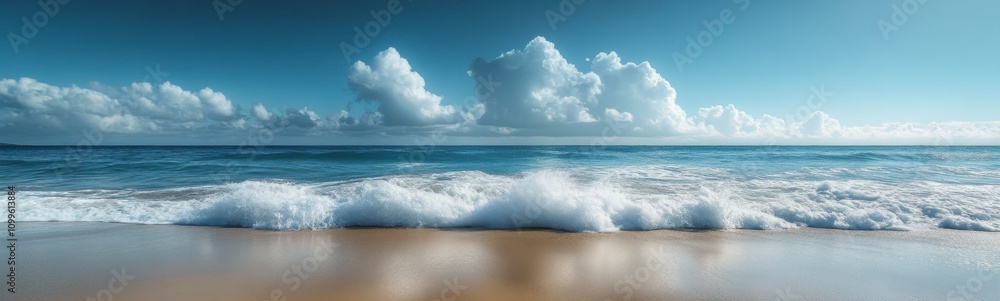 Obraz premium Wave coming in to the beach with a blue sky