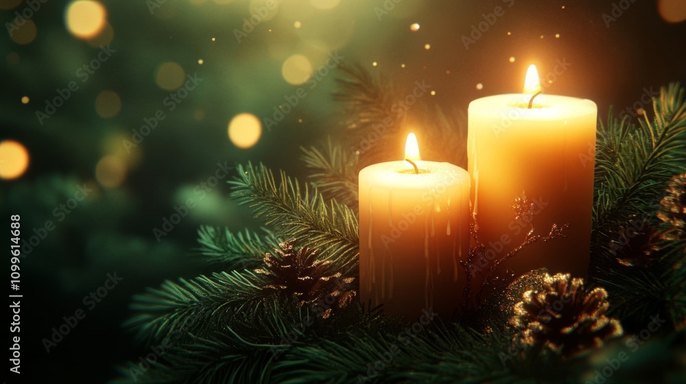 Festive Candles Glow Amidst Christmas Tree Branches Festive Candles Glow Amidst Christmas Tree Branches