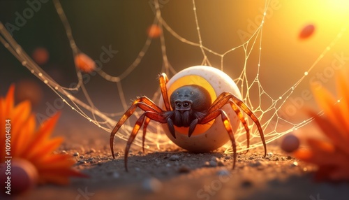 Spiderling emerges from egg surrounded by intricate fall webs. Autumnal colours, minimalist design create fragile, radiant macro image. Spider, egg featured in 3D illustration. Spider guarding egg.