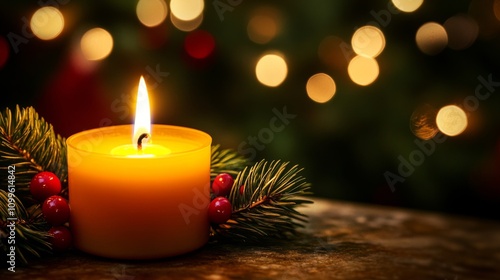 A Lit Candle With Festive Holly And Pine Branches
