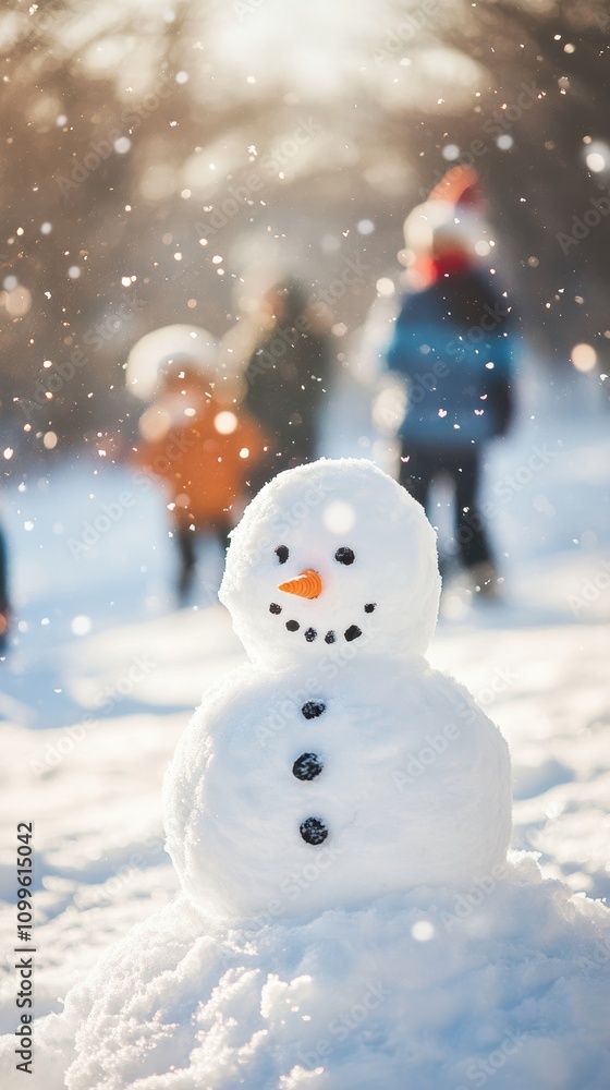 Fototapeta premium Children building a snowman in snowy alpine landscape