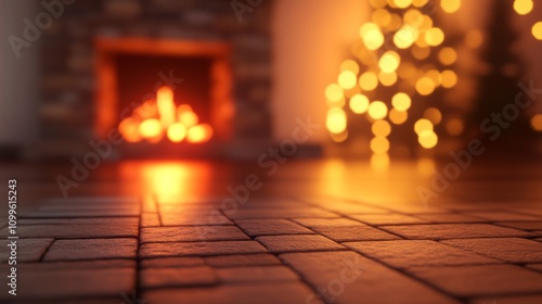Warm Christmas Fireplace Glow Illuminates Stone Floor
