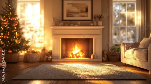 Cozy Christmas Living Room With Fire And Tree