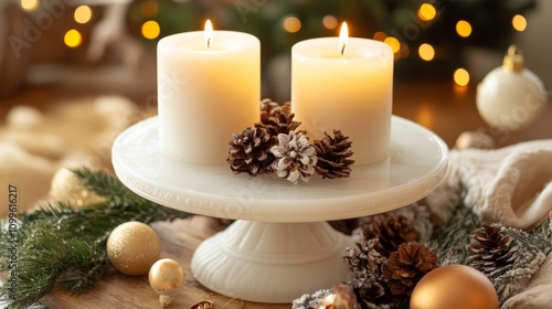 Two White Candles Adorned With Pine Cones On A Cake Stand