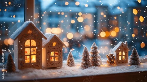 Snowy Winter Village Scene with Illuminated Houses