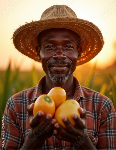 Smiling farmer holding fresh yellow vegetables in field during golden hour symbolizing agricultural success and dedication to farming work wearing straw hat under sun glow photo