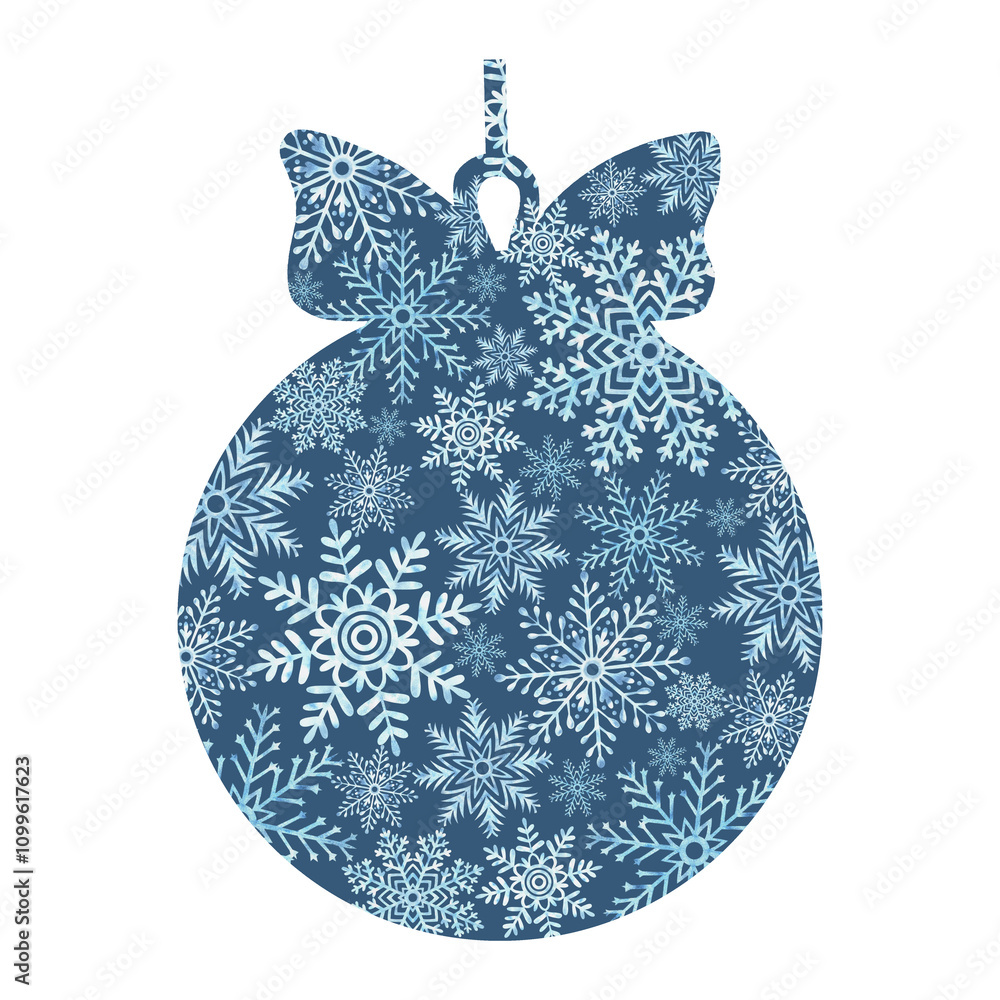 Fototapeta premium Snowflakes in christmas tree ball shape. Christmas decoration template on dark blue. Hand drawn watercolor illustration for New Year holiday design. Isolated clipart for postcard, scrapbooking, sale.