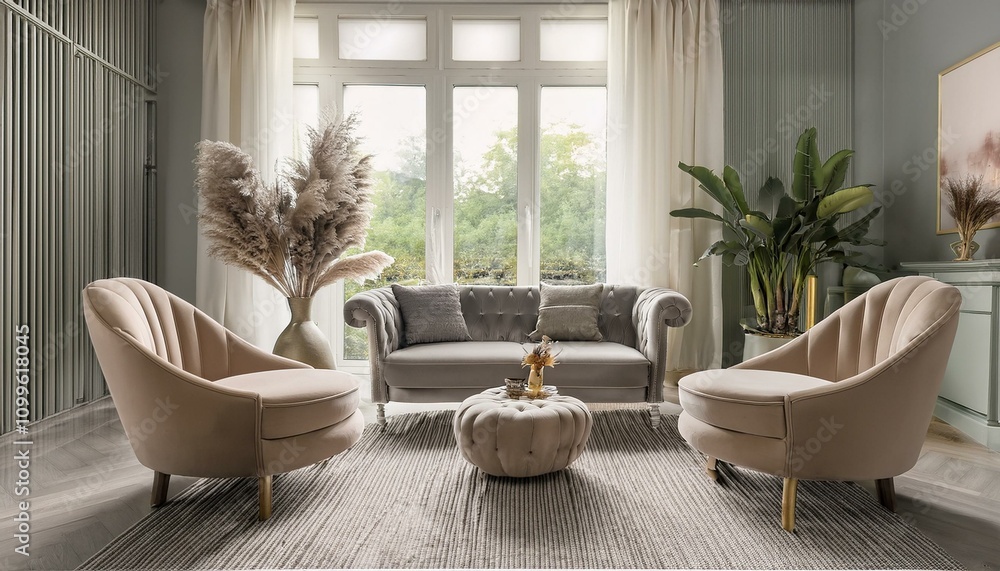 Fototapeta premium Boucle lounge chairs and sofa in classic room. Minimalist interior design of modern living room.