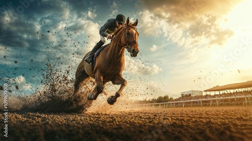 Wallpaper Mural Dynamic shot of horse racing action with jockey and thoroughbred at full gallop, kicking up dirt on racetrack. Dramatic sunset and grandstand create perfect sports photography moment Torontodigital.ca