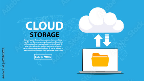 Cloud computing technology. Hosting, network management, data.Laptop with cloud storage.Laptop uploads files to cloud server.Exchange of information.