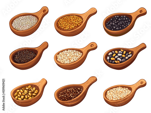 Groats in Wooden Scoop Cartoon Vector Illustration on White Background with Bright Colors Simple Design Organic Food Art Playful Graphic Vintage Culinary Design