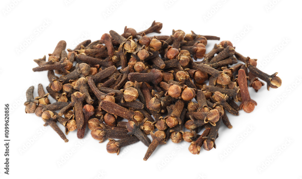 Fototapeta premium Pile of dry clove buds on white background. Aromatic spice