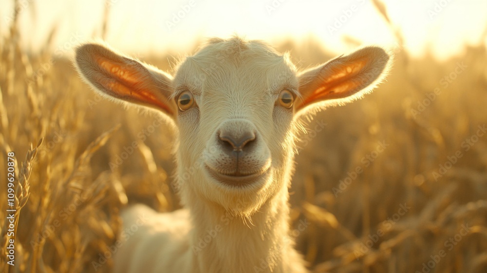 Fototapeta premium Adorable Young Goat in Golden Wheat Field