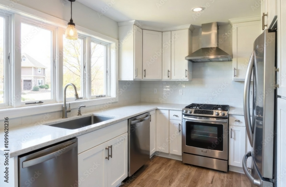 Fototapeta premium Bright kitchen makeover with quartz countertop and stainless appliances