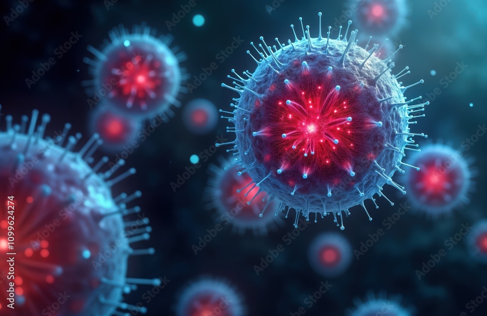 Fototapeta premium Close-up view of viruses. 3D model shows complex virus structure with glowing details. Biotechnological machines blurred in background. Modern lab setting for virus study. Science research for virus