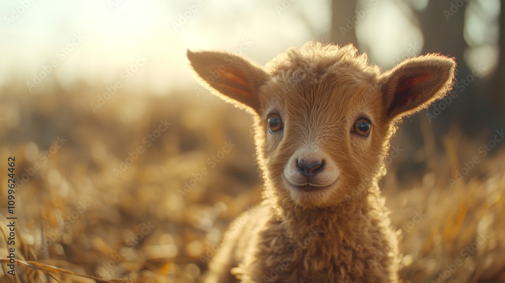 Obraz premium Adorable Baby Lamb In Golden Sunlight Meadow
