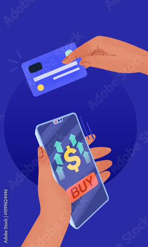 Digital shopping illustration with card and smartphone purchase photo