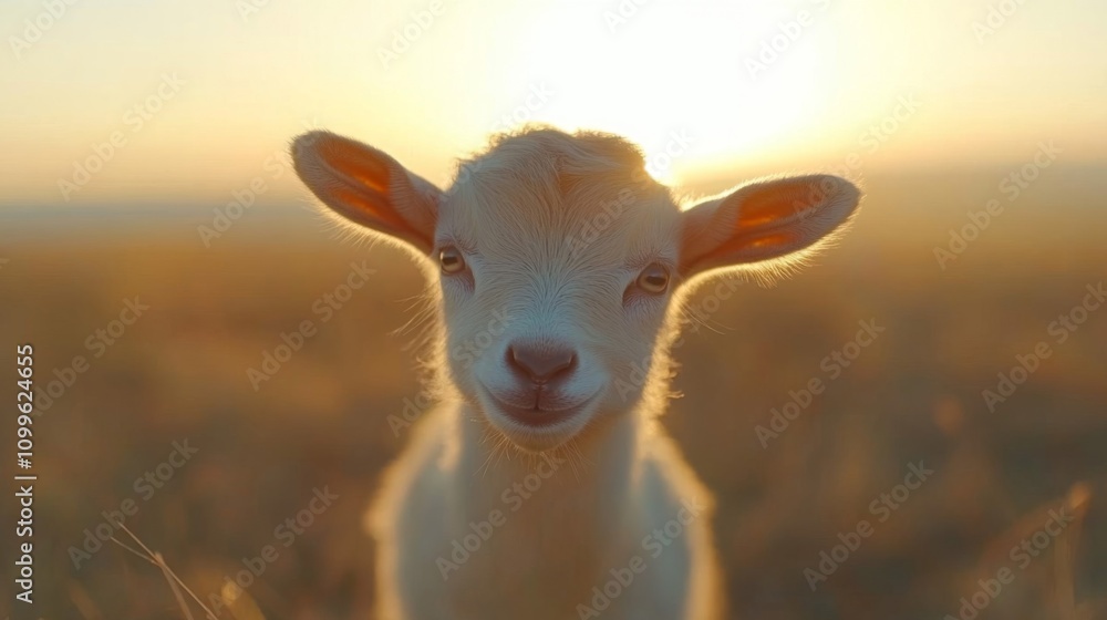 Fototapeta premium Adorable Baby Goat at Sunset Golden Light