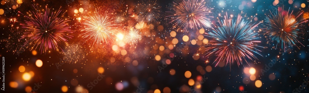 Fototapeta premium Fireworks are lit up in the night sky with bright lights