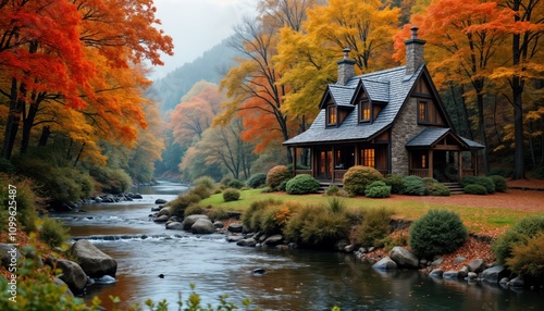 Charming cottage by calm river in autumn. Colorful foliage surrounds cozy house. Autumn leaves, tranquil atmosphere create peaceful, scenic retreat. Natural beauty at best. Rustic design blends with photo