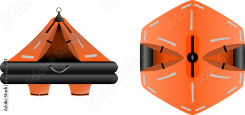 Inflatable Life Raft. Emergency self inflating life raft. Side and top profile of a life boat found on a ship or sailing yacht. Isolated vector illustration.