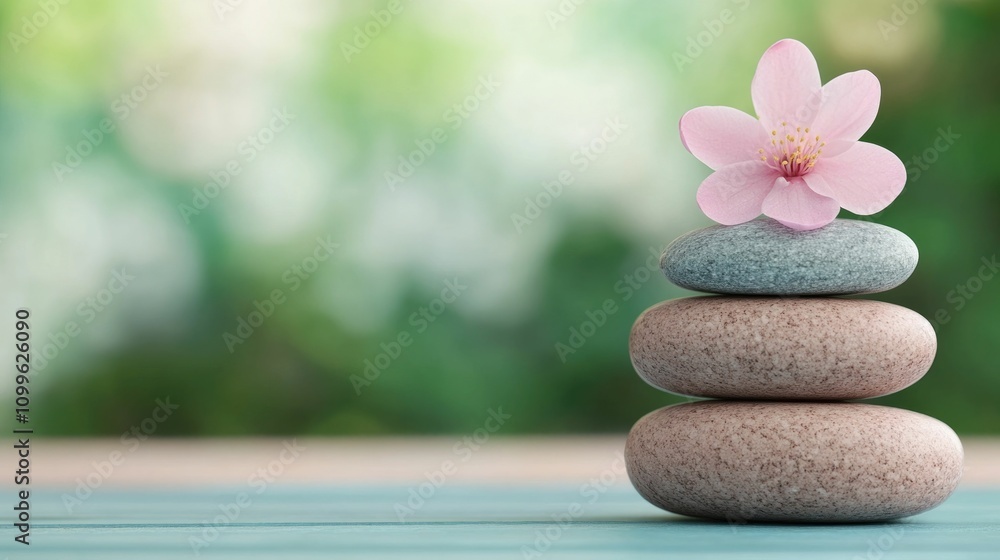 Serene scene of stacked smooth pebbles and stones with a delicate pink flower on top Serene scene of stacked smooth pebbles and stones with a delicate pink flower on top