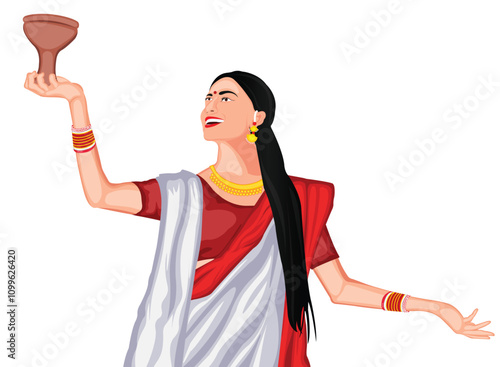 Beautiful Indian Bengali Woman Is Dancing And Holding Dhunuchi In Hand Vector Illustration