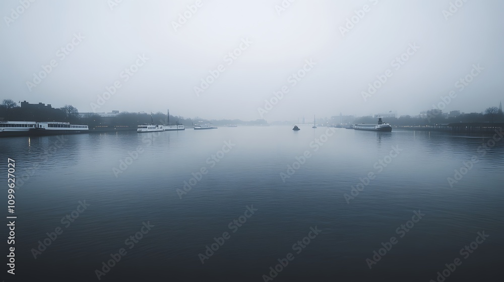 Fototapeta premium Foggy River Scene With Boats Docked Along The Banks