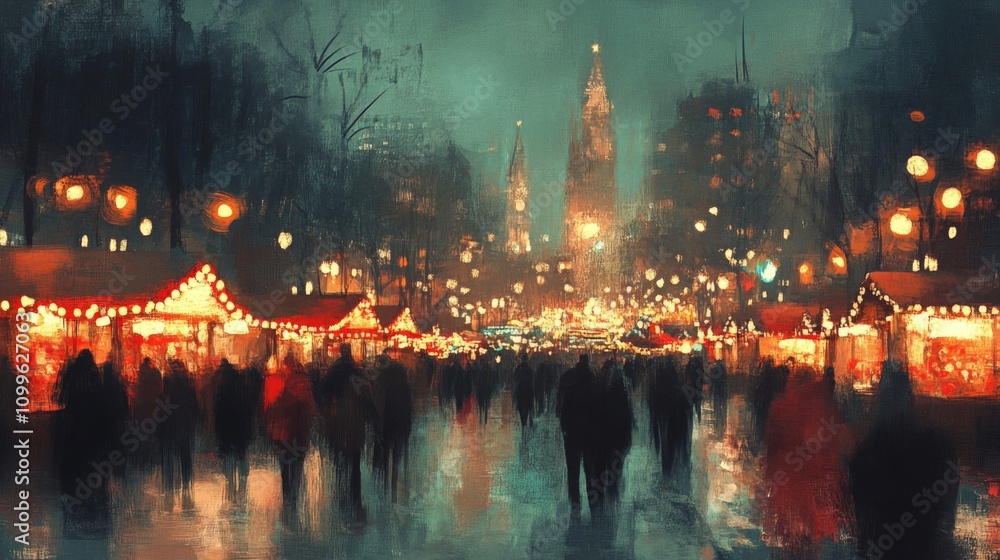 Fototapeta premium Festive Night Market Scene Illuminated Cityscape