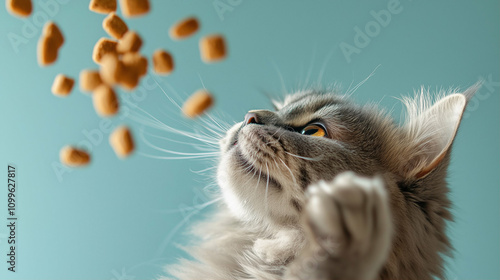 Cat catching flying cat food in playful action with a blue background photo