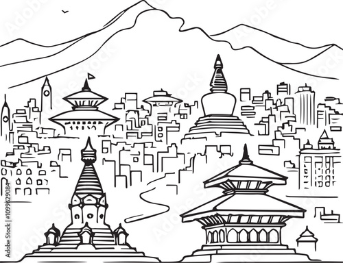 Kathmandu Temples outline art