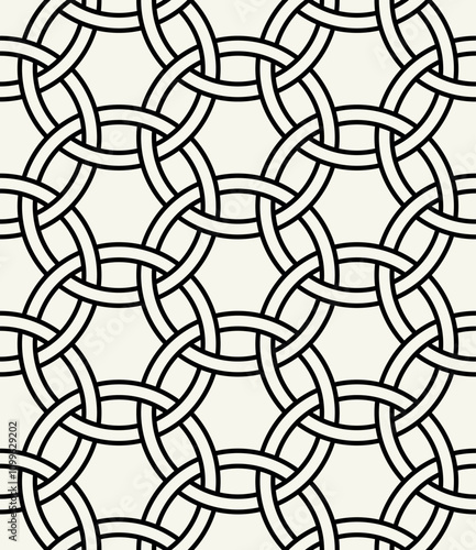 Vector seamless pattern. Abstract background with interweaving rings. Geometric monochrome texture. Celtic confused grid. Interlaced knotwork.