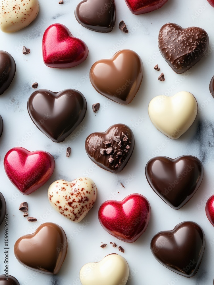 Obraz premium Assorted chocolate candies in the shape of a heart on a light isolated background. craft chocolates for valentines day.