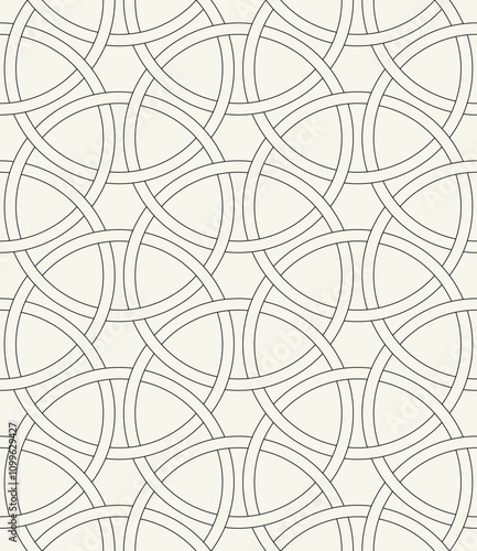 Vector seamless pattern. Abstract background with interweaving rings. Geometric monochrome texture. Celtic confused grid. Interlaced knotwork.