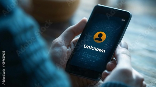 Wallpaper Mural A person holds a smartphone displaying an 'Unknown' contact screen, emphasizing themes of mystery and digital communication. Torontodigital.ca