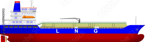 LNG Tanker Vessel. Side profile of a cargo ship for carrying liquefied natural gas in bulk. Isolated vector illustration.