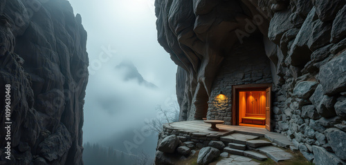 A serene stone retreat nestled within a rugged cliffside, overlooking a mystical valley shrouded in mist. The interior is bathed in warm, ethereal light, and adorned with unassuming wooden accents.