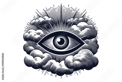 Vintage illustration of an all-seeing eye surrounded by clouds and radiant beams, symbolizing enlightenment, mysticism, and divine presence. Detailed black-and-white engraving style. Isolated, cut out
