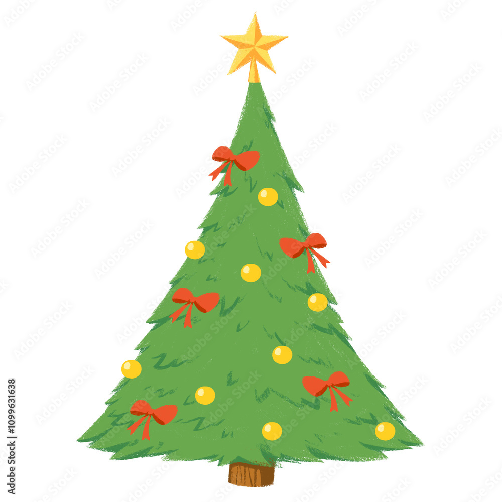 Obraz premium Christmas tree with red ribbon and yellow ball stars on the top
