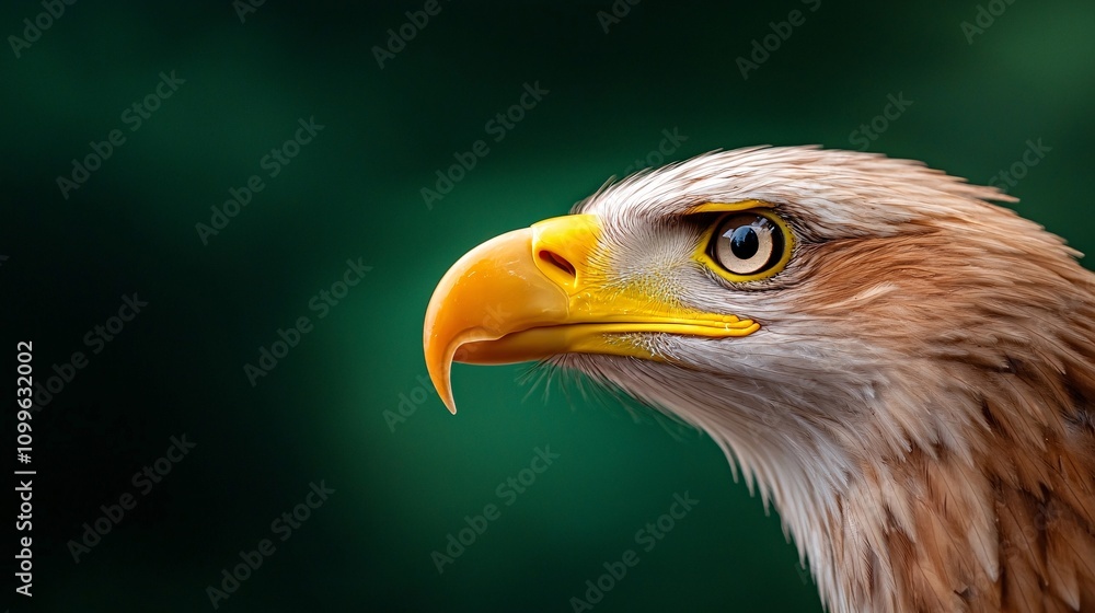 Obraz premium A striking close-up of an eagle showcasing its sharp beak, intense gaze, and detailed feathers against a blurred green background.
