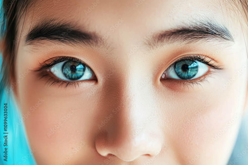 Obraz premium Closeup of young person with striking blue eyes and natural expression