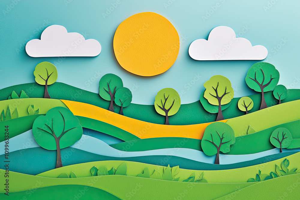 Obraz premium Colorful paper cut landscape with sun and trees in serene setting