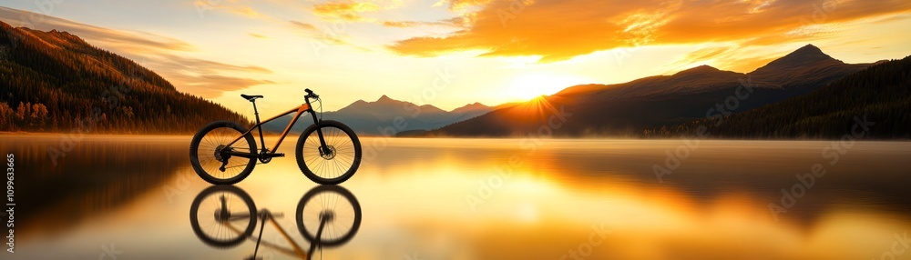 Fototapeta premium A scenic mountain landscape at sunrise features a bike by the calm lake, reflecting vibrant orange hues, Ideal for outdoor adventure themes, travel brochures, or motivational content,