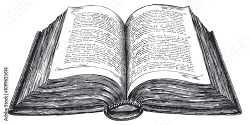 Open Ancient Book Detailed Vintage Engraving Illustration White Background Intricate Texture Classic Literary Art Antique Style Historical Text Graphic Vintage Knowledge Design