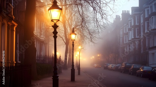 Foggy London Street With Glowing Gas Lamps At Dawn photo