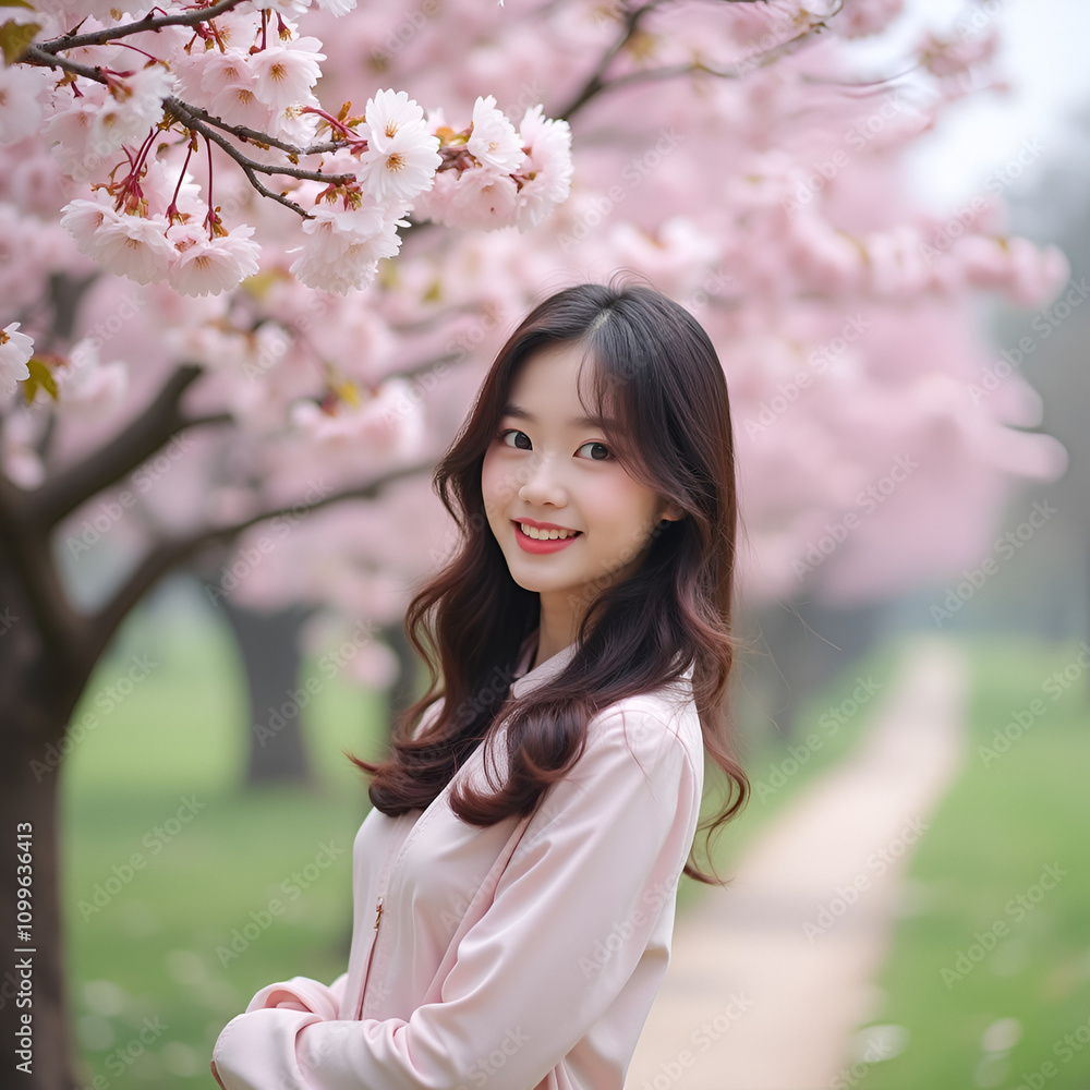 a cute korean woman posing under blooming cherry blossom trees a cute korean woman posing under blooming cherry blossom trees