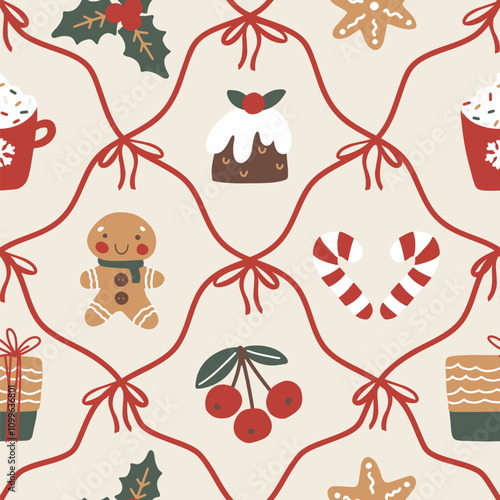 Seamless vector Christmas pattern with red ribbons forming diamond-shaped frames, containing festive decor like gifts, gingerbread men, cocoa mugs, cookies, berries, candy canes. for holiday designs.