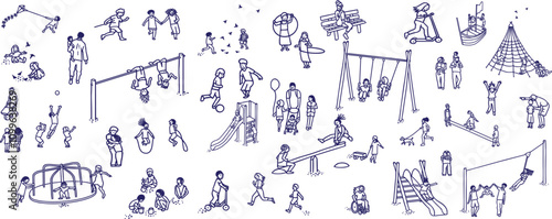 Funny kids and children playground. Swing, slide, teeter and sandbox in doodle style.